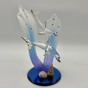 New In Box Glass Baron Double Dolphins Figurine S5 T66-2D 22Kt Gold Crystal